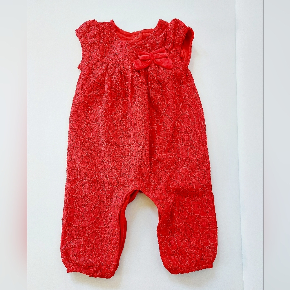 Red Lace Jumpsuit with‎ Bow size 12m Cat & Jack Wedding Church Special Occasion